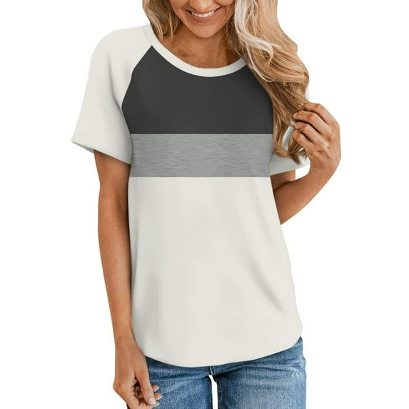 ECZHAW Womens Summer Color Block Tops Casual Short Sleeve Crew Neck T Shirts,