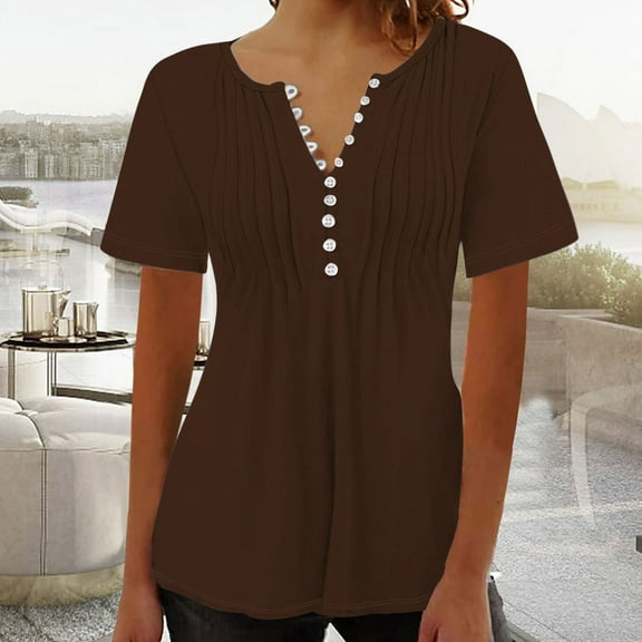 ECZHAW Womens Summer Tops Dressy Casual Short Sleeve Button V Neck T Shirts Trendy Boho Floral Tunic Blouses Cute Flowy Tees