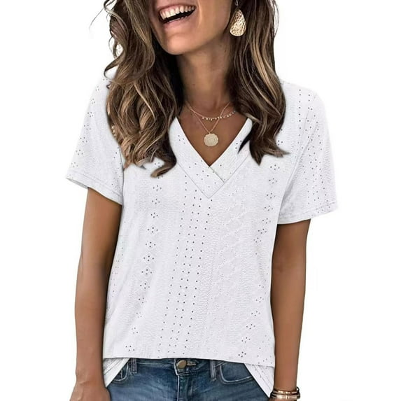 ECZHAW Womens Summer Tops Trendy Eyelet Crossed V Neck T Shirts Loose Casual Short Sleeve Tshirts Shirts Fashion