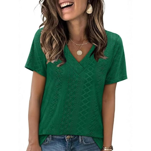 ECZHAW Womens Summer Tops Trendy Eyelet Crossed V Neck T Shirts Loose Casual Short Sleeve Tshirts Shirts Fashion