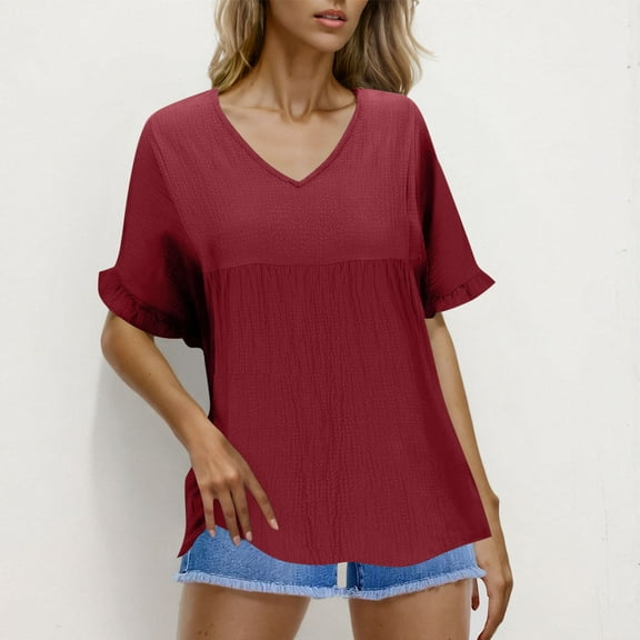 ECZHAW Womens Tops Casual V Neck Ruffle Sleeve T Shirts Babydoll Loose Fit Peplum Tops