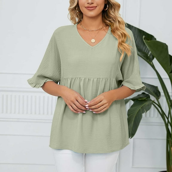 ECZHAW Womens Tops Casual V Neck Ruffle Sleeve T Shirts Loose Fit Peplum Tops,