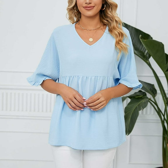 ECZHAW Womens Tops Casual V Neck Ruffle Sleeve T Shirts Loose Fit Peplum Tops,