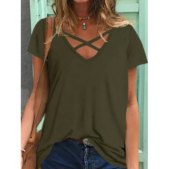 ECZHAW Womens Tops Short Sleeve V Neck Shirts Loose Casual Blouses Summer Tees Criss Cross,