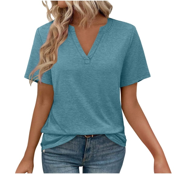 ECZHAW Womens Tops Summer Short Sleeve V Neck Blouses Business Casual Loose Fit Tshirts Trendy Fashion Outfits
