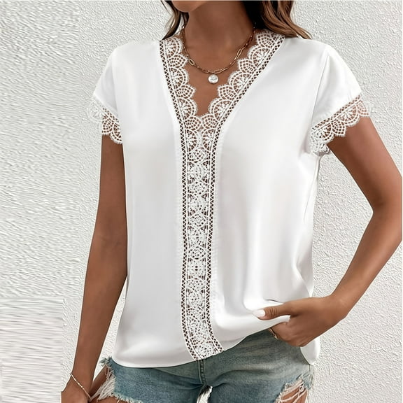 ECZHAW Womens White Lace Shirts Cute Summer Short Sleeve Tops Ladies Patchwork V Neck Business Work Tunic Dressy Blouses,Summer Tops for Women 2025,