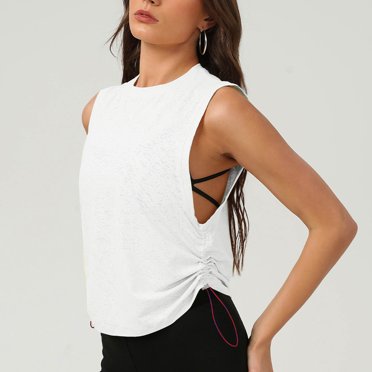 ECZHAW Workout Tank Top for Women, Side Drawstring Ruched Breathable Sleeveless Muscle Tee Summer Crew Neck Yoga Tops Shirt