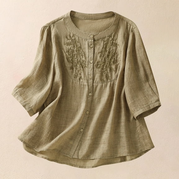 ECZHAW Linen Shirts for Women 2025 Trendy Summer Retro Embroidered 3/4 Sleeve Tops Dressy Casual Loose Boho Cute Blouses