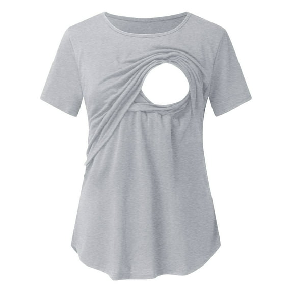 ECZHAW Mothers Day Gifts,Plus Size Maternity Tops Pregnant Womens Nursing Solid Color Round Neck Short Sleeve Breastfeeding Blouse