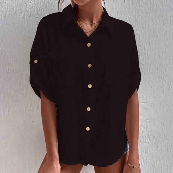 ECZHAW Button Down Shirts for Women Short Sleeve Collared V Neck Casual Loose Fit Blouses Work Office Tops,Women's Summer Tops