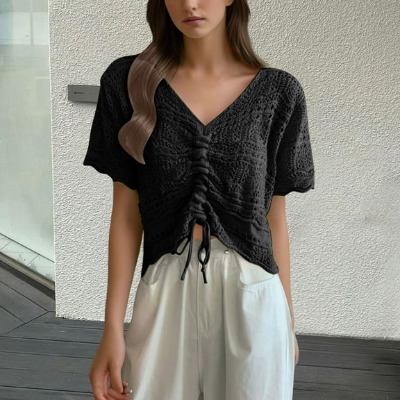 ECZHAW Crochet Swimsuit Coverup for Women Summer Bathing Suit Cover Ups Beach Hollow Out Knit Crop Tops,Women Tops Trendy