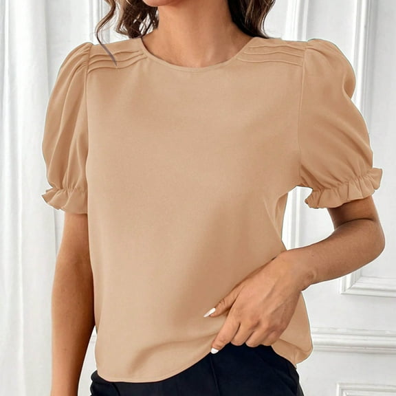 ECZHAW Women's Summer Tops Trendy Ruffle Short Sleeve Shirts Fashion Dressy Round Neck Tees Casual Loose Fit Soft Comfy Blouses