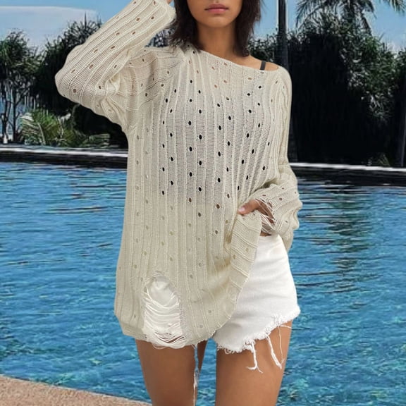 ECZHAW Womens Swimsuit Cover Up Crochet Coverups Hollow Out Bell Long Sleeve Drawstring Bathing Suits Swim Coverup,Women Tops Summer