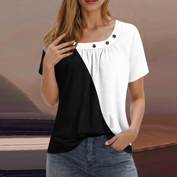 ECZHAW Womens Tops Dressy Casual Short Sleeve Button Decor Shirts Cute Pleated Boho Tees Loose Fit Comfy Blouses Ladies Summer Tops