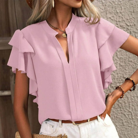 ECZHAW Summer Tops for Women 2025 V Neck Ruffle Short Sleeve Shirts Tops Trendy Chiffon Pleated Tunics or Tops Dressy