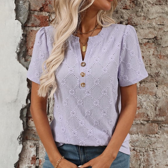 ECZHAW Tops for Women 2025 Casual Short Sleeve Solid T-Shirts Fashion Loose V-Neck Button Shirts Summer Clothes