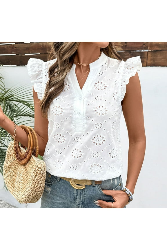 Women Summer Eyelet Tops Dressy Casual V Neck Ruffle Cap Sleeve Cotton Boho Shirts Lace Embroidered Blouses 2025