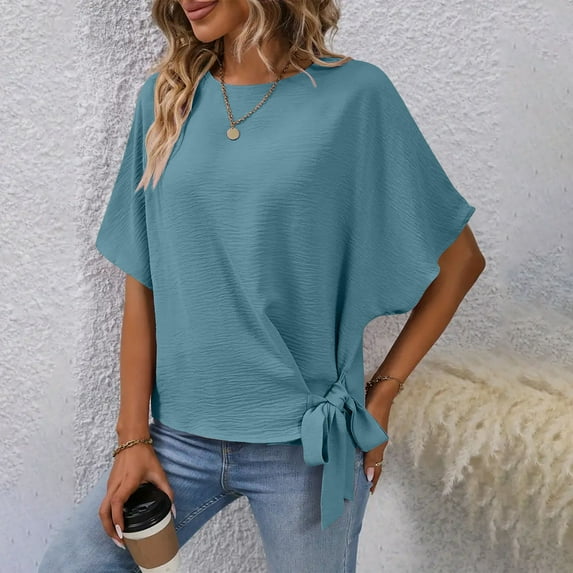 ECZHAW Women's Batwing Sleeve Knot Side Round Neck Blouse Shirt Top,