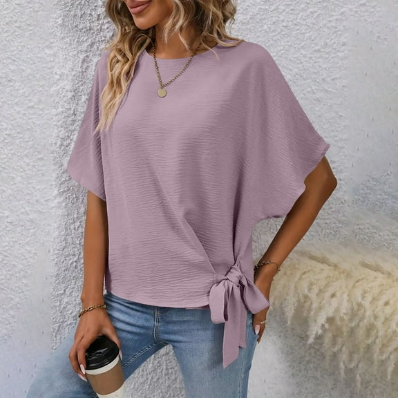 ECZHAW Women's Batwing Sleeve Knot Side Round Neck Blouse Shirt Top,
