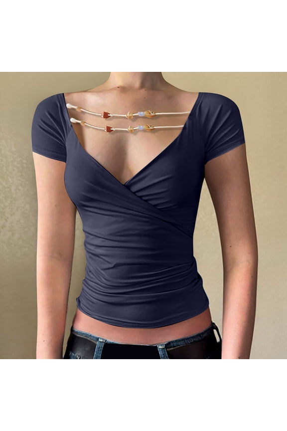 Women's Beaded Chain Fitted Tops, Casual 2025 Summer Short Sleeve V Neck Blouse Sexy Going Out Tee Shirts