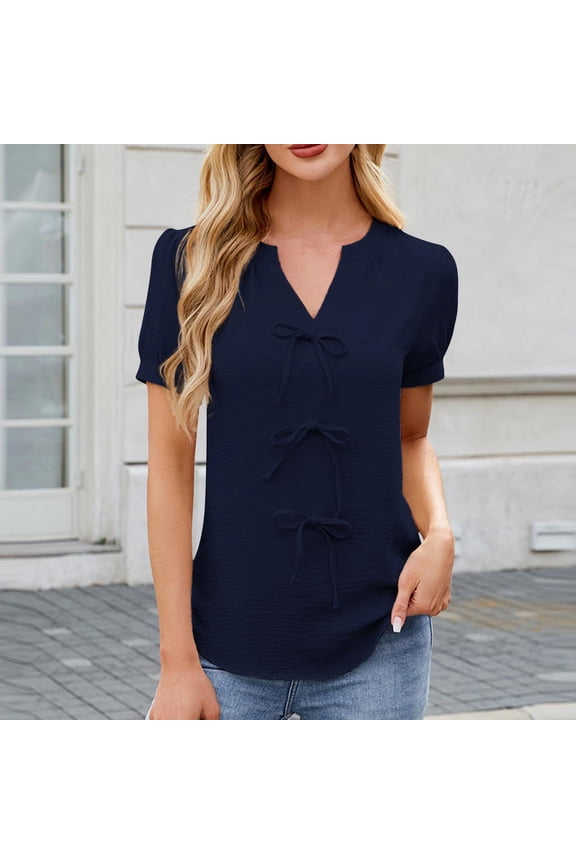 Women's Casual Puff Short Sleeve Shirts Elegant Bow Tie Front Notched V Neck Blouse Dressy Casual Loose Tunic Top