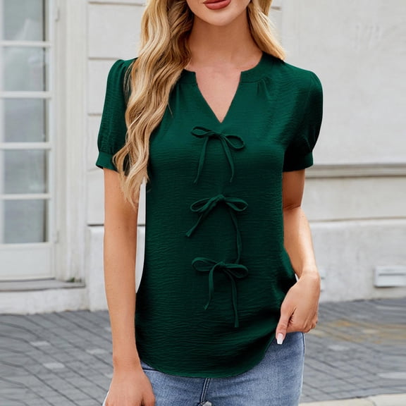 ECZHAW Women's Casual Puff Short Sleeve Shirts Elegant Bow Tie Front Notched V Neck Blouse Dressy Casual Loose Tunic Top