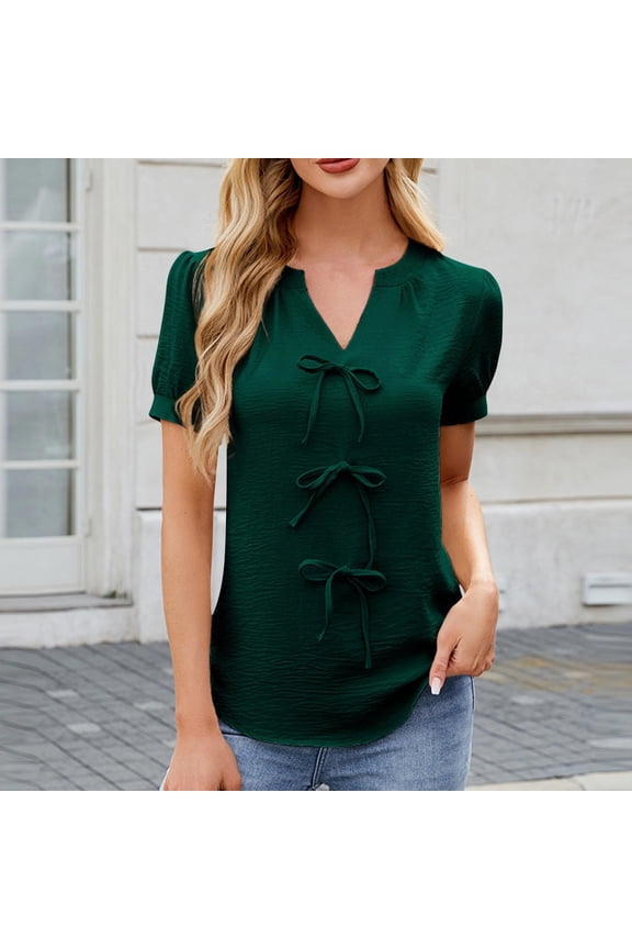 Women's Casual Puff Short Sleeve Shirts Elegant Bow Tie Front Notched V Neck Blouse Dressy Casual Loose Tunic Top