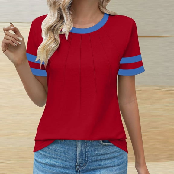 ECZHAW Women's Casual Short Sleeve Trendy Shirts 2025 Summer Dressy Crewneck Color Block Tops,