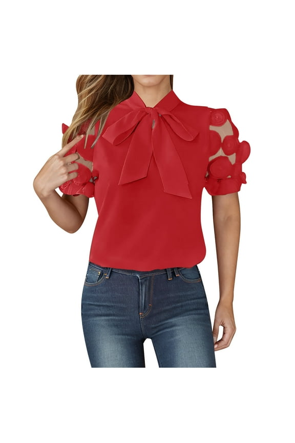 Women's Dressy Blouse Round Neck Bow-Tie Front Short Sleeve Business Tops Mesh Appliques Puff Sleeve Shirts Tee