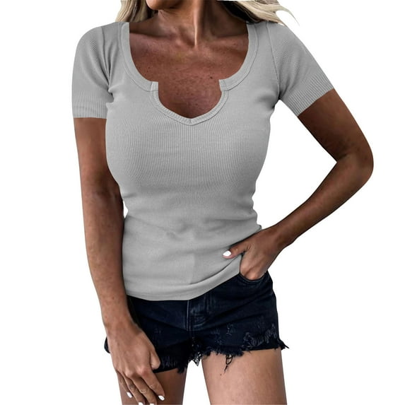 ECZHAW Women's Notch V Scoop Neck Ribbed Fitted Shirt Basic Short Sleeves Tee Shirt Top Clearance