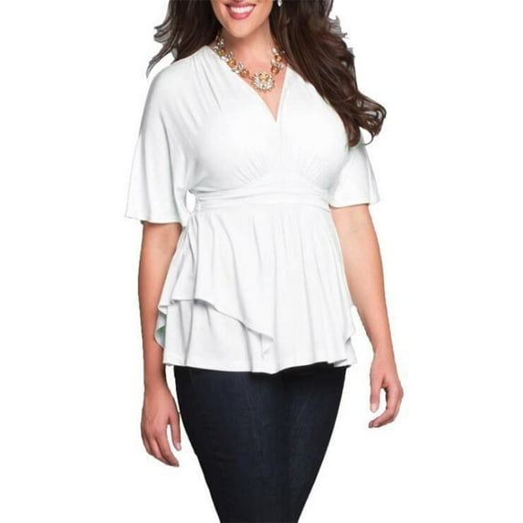 ECZHAW Women's Plus Size Dressy Tops Wrap Shirt Short Sleeve Tunic Top V Neck Low Cut Cute Blouse Clearance