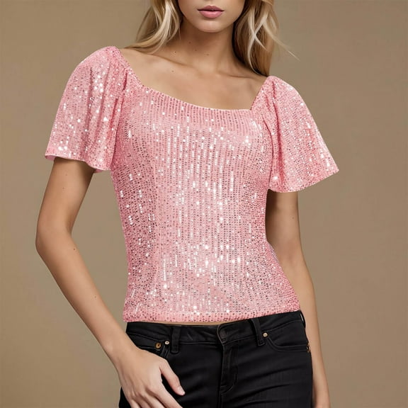 ECZHAW Women's Sparkly Sequin Tops Short Sleeve Glitter Dressy Blouses Square Neck Club Ruffle Party Shirts