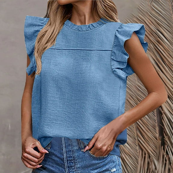 ECZHAW Women's Summer Casual Tops Keyhole Chiffon Short Sleeve Ruffle Shirt Loose Fitting Flowy Blouses,