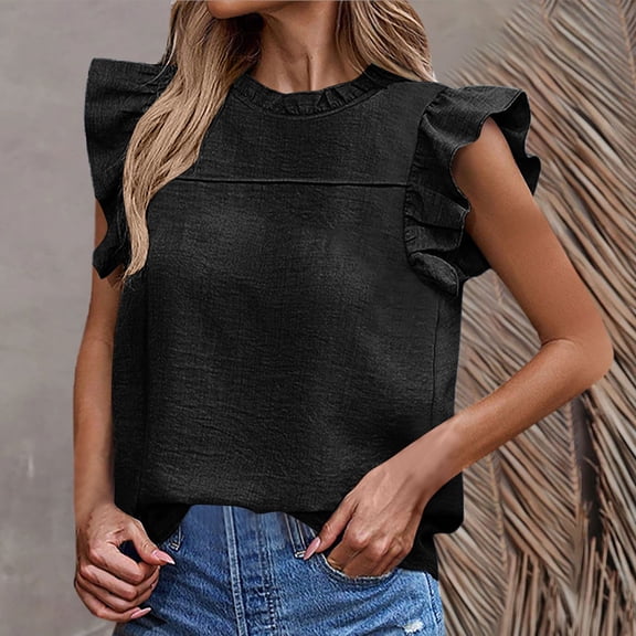 ECZHAW Women's Summer Casual Tops Keyhole Chiffon Short Sleeve Ruffle Shirt Loose Fitting Flowy Blouses,