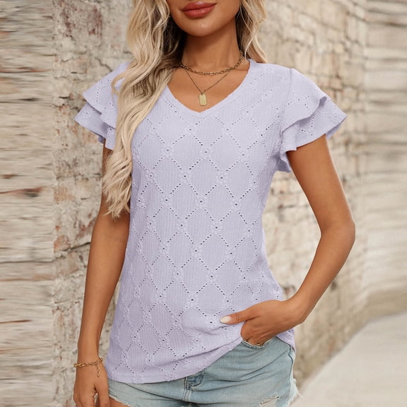 ECZHAW Women's Summer Ruffle Sleeve Tops Eyelet V Neck Casual Tunic Shirts Dressy Blouses
