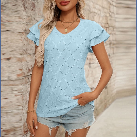ECZHAW Women's Summer Ruffle Sleeve Tops Eyelet V Neck Casual Tunic Shirts Dressy Blouses