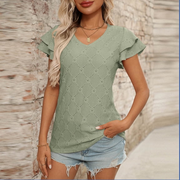 ECZHAW Women's Summer Ruffle Sleeve Tops Eyelet V Neck Casual Tunic Shirts Dressy Blouses
