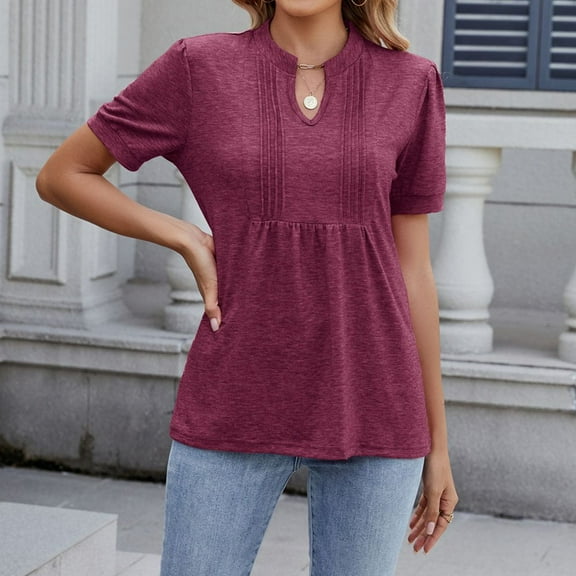 ECZHAW Womens 2025 Summer/Spring Plus Size Tunic Tops V Neck Dressy Casual Blouse for Work Pleated Short Sleeve T-Shirts