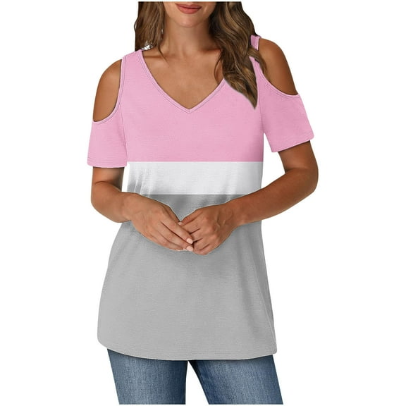 ECZHAW Womens Tops , Womens Cold Shoulder Tops Short Sleeve Dressy Casual Shirts Summer Fashion V Neck Basic Tees ,