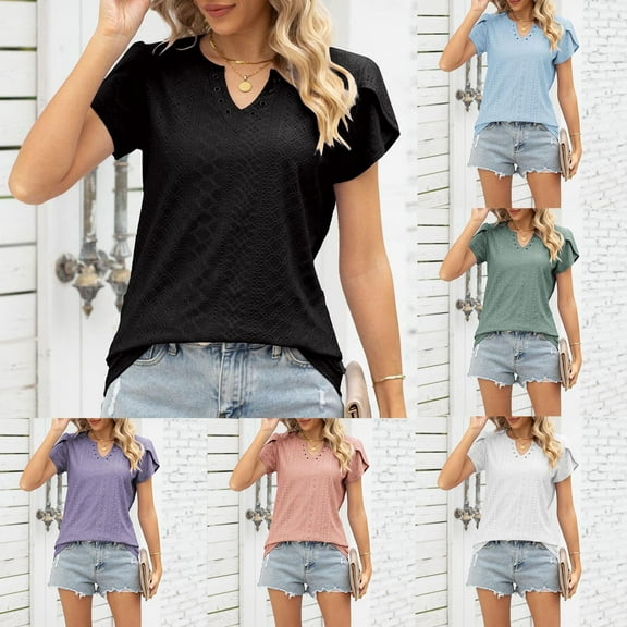 ECZHAW Womens Eyelet Tops Summer V Neck Puff Short Sleeve T Shirts Loose Fit Casual Cute Top Blouses for Women
