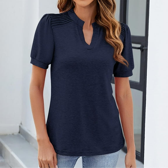 ECZHAW Womens Pleated V Neck Puff Sleeve T Shirts Solid Color Short Sleeve Casual Tunic Blouse Fashion Loose Summer Tops
