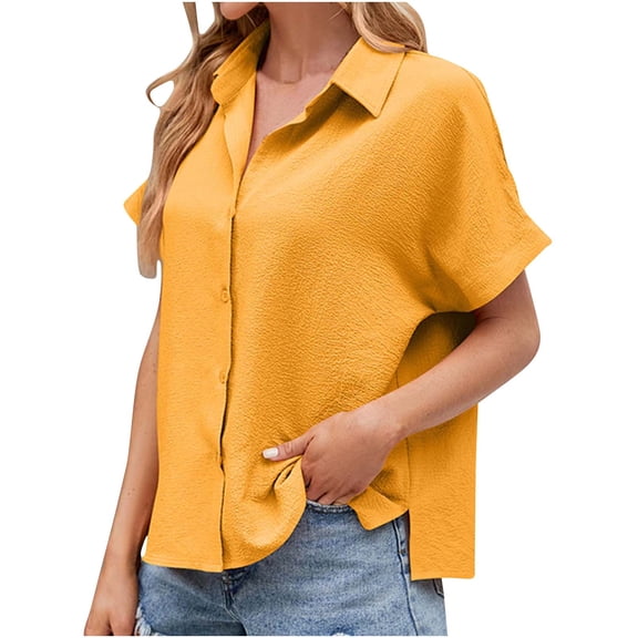 ECZHAW Womens Summer Tops,Casual V Neck Button Down Shirts for Women Solid Short Sleeve Blouse Tops,