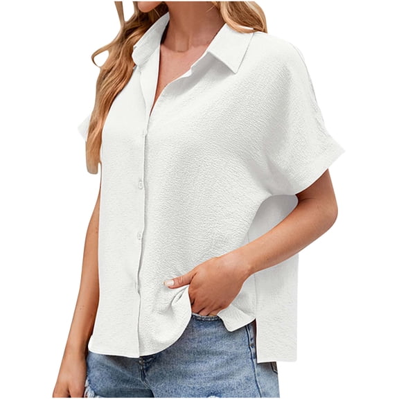 ECZHAW Womens Summer Tops,Casual V Neck Button Down Shirts for Women Solid Short Sleeve Blouse Tops,