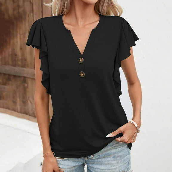 ECZHAW Womens Summer Tops,Women's Summer Henley V-Neck Button Up Tunic Top Petal Sleeve Comfy Blouse Casual T-Shirt,