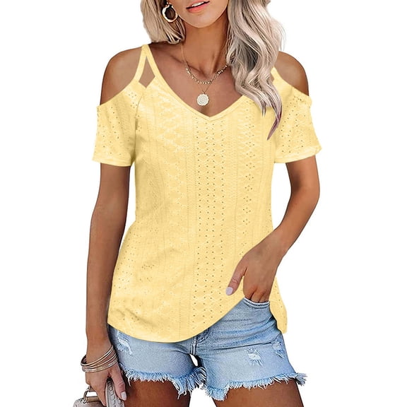 ECZHAW Womens Summer Tops,Women's Summer Short Sleeves Tops Cold Shoulder V Neck Shirts Casual Loose Strappy Eyelet Tee Trendy Going Out Blouse,