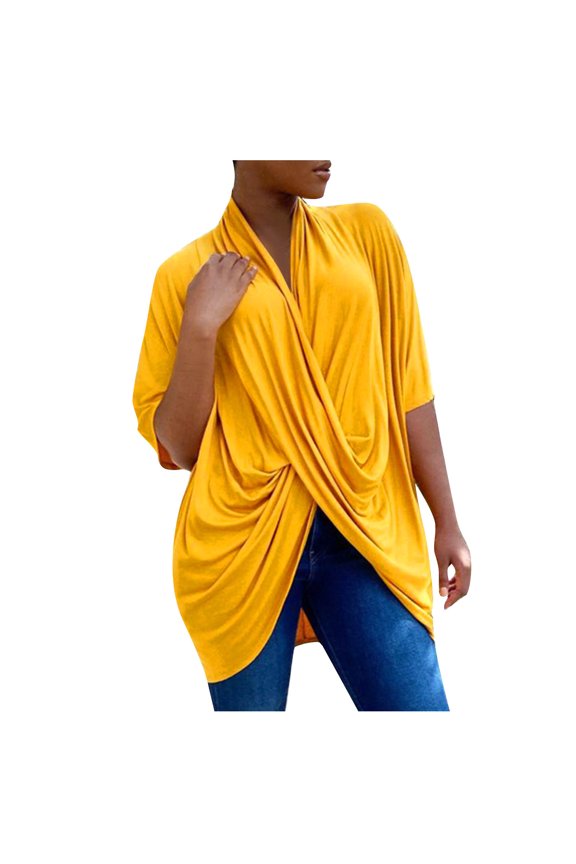 Womens Summer Tops,Women's Wrap V Neck Ruched Short Sleeve Split Hem Blouse Shirt Tunic Top,