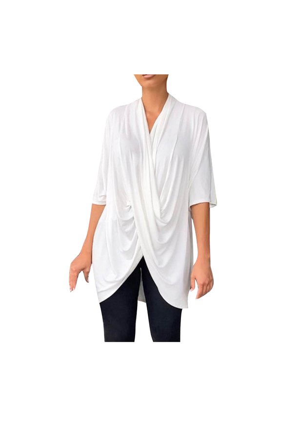 Womens Summer Tops,Women's Wrap V Neck Ruched Short Sleeve Split Hem Blouse Shirt Tunic Top,