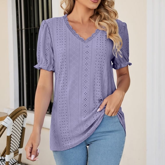 ECZHAW Womens Summer Tops,Womens Puff Short Sleeve Shirts Eyelet Embroidery Solid Trendy Summer Tops V-Neck Pullover Loose Tunic Blouses,