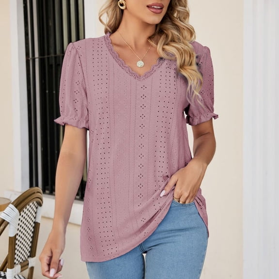 ECZHAW Womens Summer Tops,Womens Puff Short Sleeve Shirts Eyelet Embroidery Solid Trendy Summer Tops V-Neck Pullover Loose Tunic Blouses,