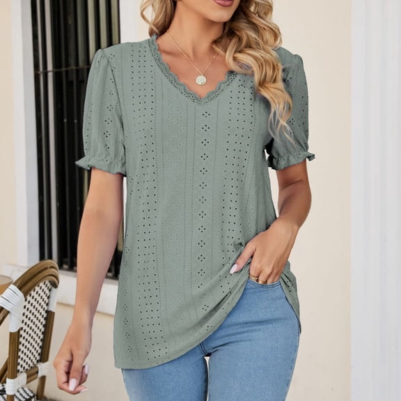 ECZHAW Womens Summer Tops,Womens Puff Short Sleeve Shirts Eyelet Embroidery Solid Trendy Summer Tops V-Neck Pullover Loose Tunic Blouses,